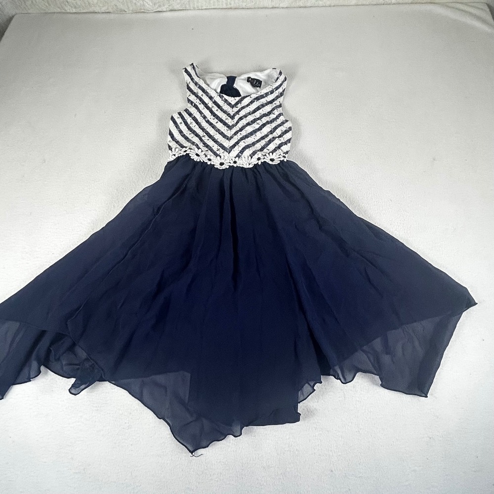 Lilt Girls Navy Blue White Chevron Lace Handkerchief Hem Party Dress Size 7